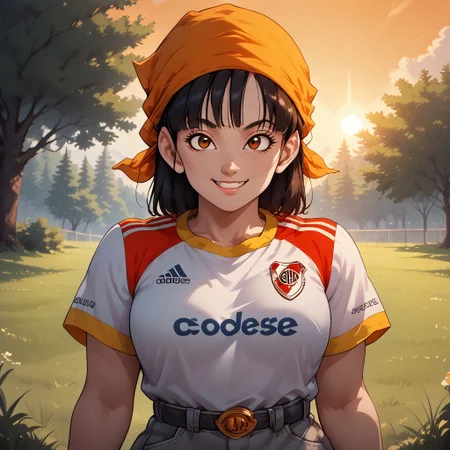 score_9, score_8, BREAK, solo, 1girl, (pan from dragon ball GT), high quality best quality, (high detail), adorable face, orange bandana, RiverPlate, striped shirt, striped, shirt, white shirt, short sleeves, clothes writing, sportswear, soccer uniform, grey jeans, grey fingerless gloves, adult woman, mature woman, breasts, sexy pose, self portrait, smile, outdoors, sunlight, shadows, evening lighting, natural lighting, forest, trees, grass, orange sky, sunset