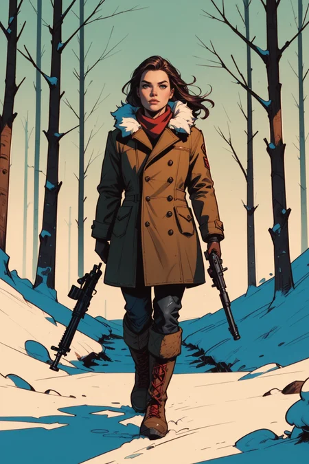 1girl, weapon, gun, rifle, realistic, snow, boots, tree, coat, winter, gloves, outdoors, holding weapon, lips, forest, holding gun, wolf, nature, holding, brown hair, long hair, walking, black hair, animal, fur trim, solo, a_Comic_Illustration, rough lines with ink, (drawn:1.1), (sketch:1.5), (crosshatching:1.25), (comic style:1.1), graphic novel style, sharp lines, hires, zstyle, (western comics \(style\):1.1), (hatching \(texture\):1.2), zPDXL, Mr_Monster_Possitive, <lora:Expressive_H:0.5>, score_9, score_8_up, score_8_up,