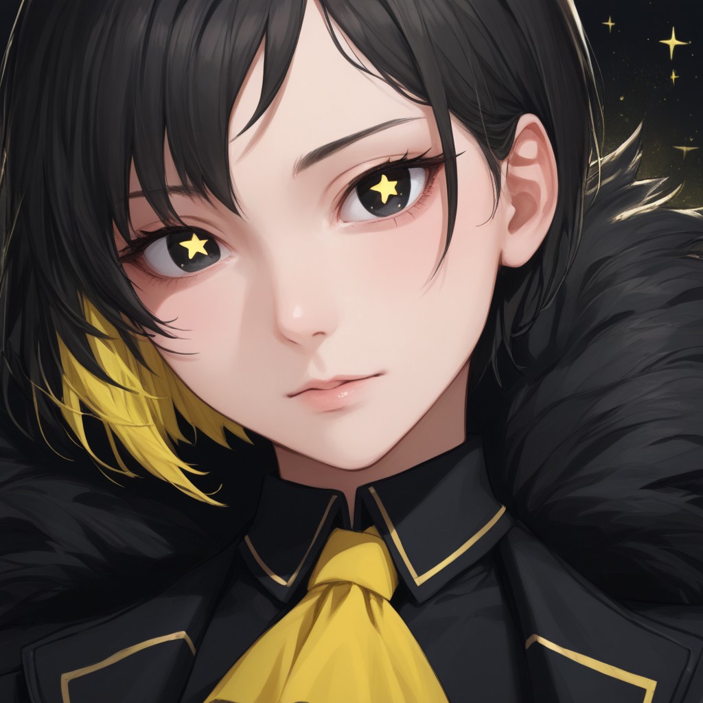 BREAK, 
(score_9, score_8_up, score_7_up, score_6_up, score_5_up, score_4_up), colored image, 
BREAK, 
BinahPM, multicolored hair, black hair, yellow hair, black eyes, short hair, BinahLOR, black dress, yellow ascot, black pants, black footwear, black coat, open coat, fur trim, medium breasts, EyesHD,
BREAK,
((solo, woman, one character)), close view, face view, beautiful eyes, plain black pupils, stars in pupils, warm yellow glow, detailed face,