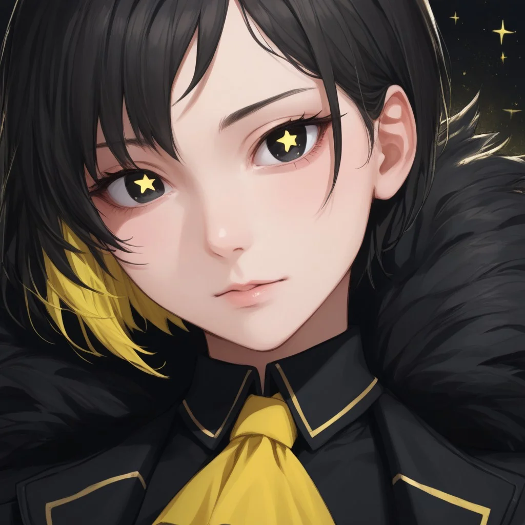 BREAK, 
(score_9, score_8_up, score_7_up, score_6_up, score_5_up, score_4_up), colored image, 
BREAK, 
BinahPM, multicolored hair, black hair, yellow hair, black eyes, short hair, BinahLOR, black dress, yellow ascot, black pants, black footwear, black coat, open coat, fur trim, medium breasts, EyesHD,
BREAK,
((solo, woman, one character)), close view, face view, beautiful eyes, plain black pupils, stars in pupils, warm yellow glow, detailed face,