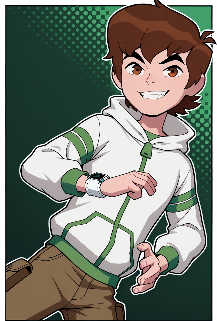 <lora:benov-07:1>   benov, short hair, brown hair, 1boy, solo, brown cargo pants, ,  thick eyebrows,, white hoodie, zipper, long sleeves, thick eyebrows, white square smart watch, looking at viewer, smile, dark green background, dynamic pose, teeth, clenched teeth,, masterpiece, best quality, amazing quality, very aesthetic, absurdres, newest,, upper body, halftone effect, white borders, abstract background:1.2,