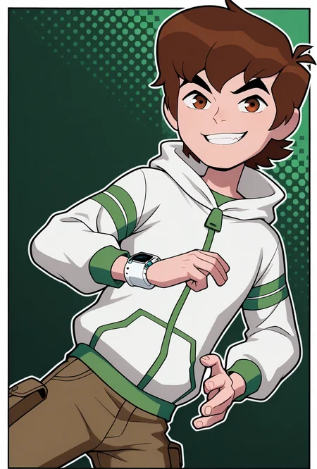 <lora:benov-07:1> benov, short hair, brown hair, 1boy, solo, brown cargo pants, , thick eyebrows,, white hoodie, zipper, long sleeves, thick eyebrows, white square smart watch, looking at viewer, smile, dark green background, dynamic pose, teeth, clenched teeth,, masterpiece, best quality, amazing quality, very aesthetic, absurdres, newest,, upper body, halftone effect, white borders, abstract background:1.2,