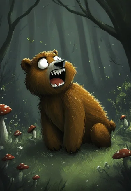 longxiang_style,
teeth, animal, animal focus, bear, forest, grass, motion blur, mushroom, nature, no humans, open mouth, outdoors, plant, sharp teeth, tree