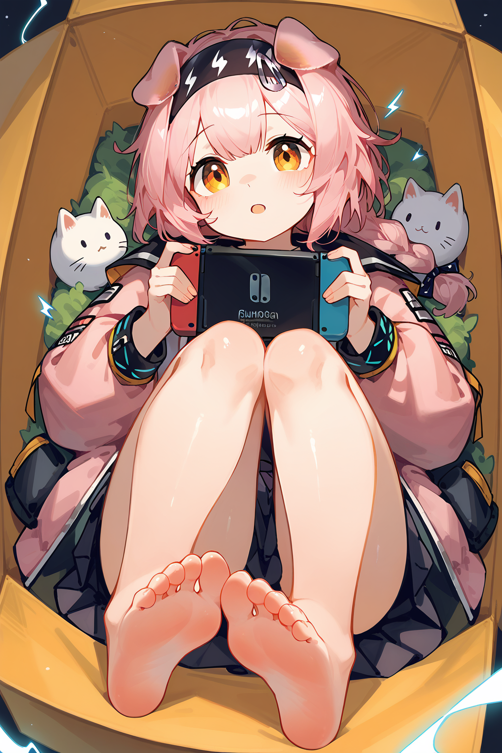 (score_9,score_8_up,score_7_up),<lora:Goldenglow(Arknights)-v1-000008:0.8>,goldenglow (arknights),animal ears,in box,barefoot,in container,tail,cat ears,box,1girl,cat tail,hairband,holding,feet,pink hair,looking at viewer,solo,long hair,black hairband,jacket,cardboard box,toes,cat girl,nintendo switch,long sleeves,soles,pink coat,pink jacket,braid,lying,open clothes,shirt,multicolored jacket,bare legs,food,bangs,yellow eyes,open mouth,skirt,orange eyes,handheld game console,black skirt,electricity,white shirt,open jacket,on back,knees up,infection monitor (arknights),
good feet,anime,NSFW,expressive,amazing quality,ultra hd 32k,