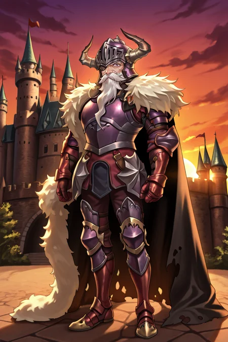 <lora:BaldusIL:0.8> , BldsDef, 1boy, one-eyed, purple eyes, white hair, beard, facial hair, mustache, eyepatch, horns, helmet, horned helmet, fake horns, armor, greaves, gauntlets, fur pauldrons, fur shawl, black cape, cape, torn cape, old, old man, full body, standing, castle, sunset, fierce, exterior, looking at viewer, solo, masterpiece, very aesthetic, absurdres, best quality, amazing quality, high resolution, detailed background, <lora:illustrious_quality_modifiers_masterpieces_v1:0.8> , <lora:ChamIllustriousBackgroundEnhancer:0.5>