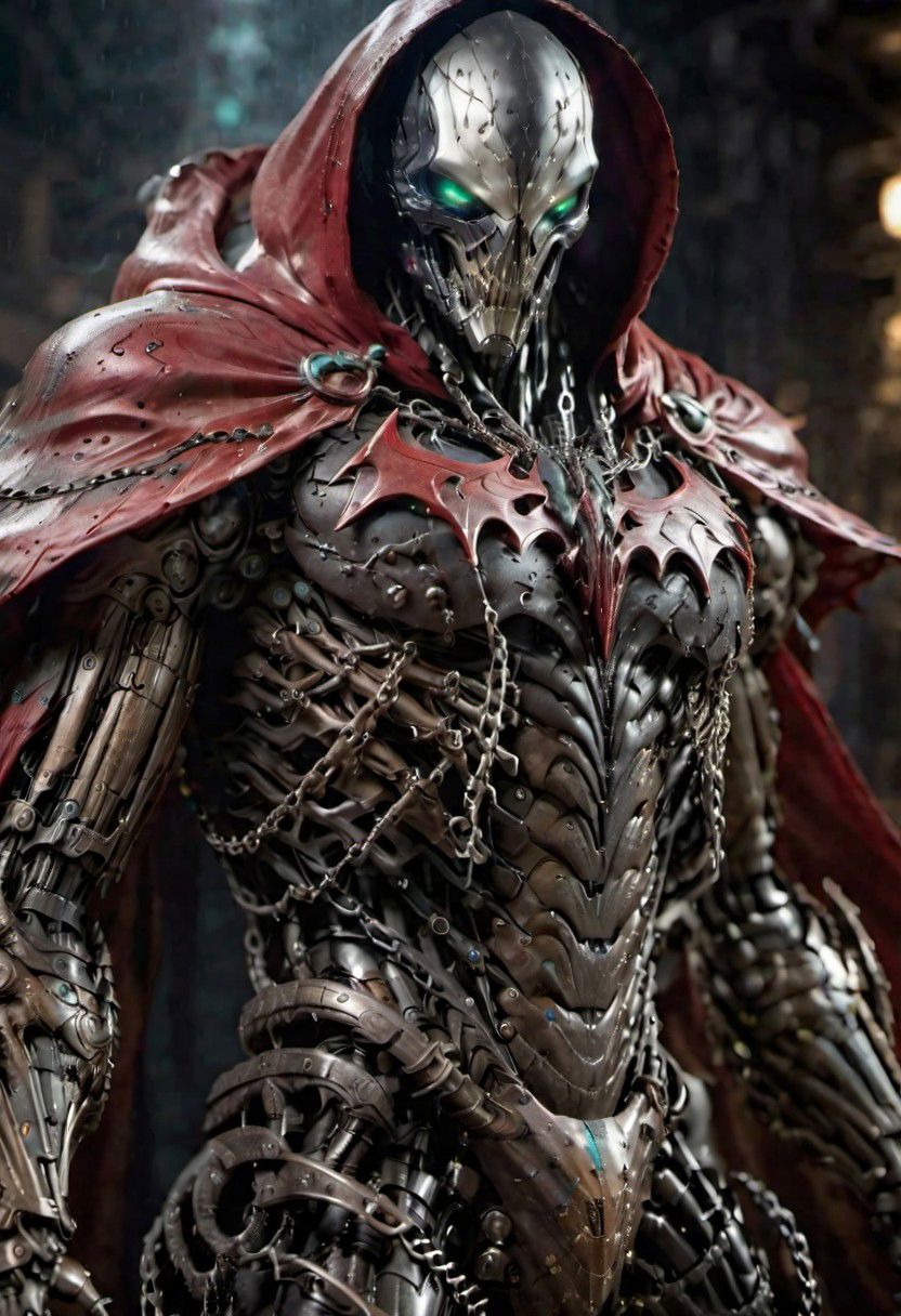 a photograph of spawn, balanced composition, made of black goo, (weathered patina:1.2), black costume, animated red cape made of liquid, "M" on chest, chains, moody lighting, cinematic, complex robot, biomechanical, hyper detailed <lora:compb0t:0.5> <lora:Spawn:0.8> comprobo, CYBORG