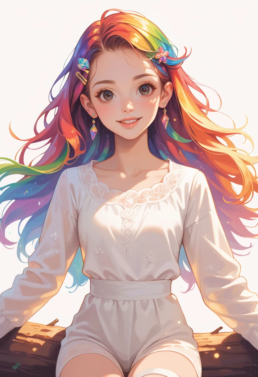 score_9, score_8_up, score_7_up, masterpiece, best quality, perfect anatomy, very aesthetic, ((outlined outlined vector graphics)),no norm,close up, front view,
, cute face, (glow eyes:0.8), looking at viewer, glittering, glimmering, brown theme,
1girl,20yo, rainbow hair, black eyes, log hair, hair pin,mdeium breast, slender,(white thigh strap:1.1),(black clohtes:1.1),
,
jewelry, earrings, parted lips,, long sleeve,black , action pose , smile, <lora:rainbow-hair-01-step00000800:1>