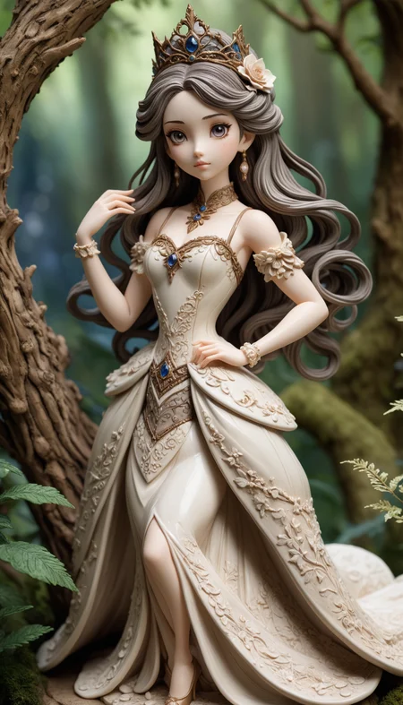 Exquisite stoneware figurine of an anime princess, detailed textures, natural colors, high contrast, smooth and textured surfaces, handcrafted, elegant and timeless, intricate dress and accessories, graceful pose, enchanted forest background, photorealistic, artistic and refined