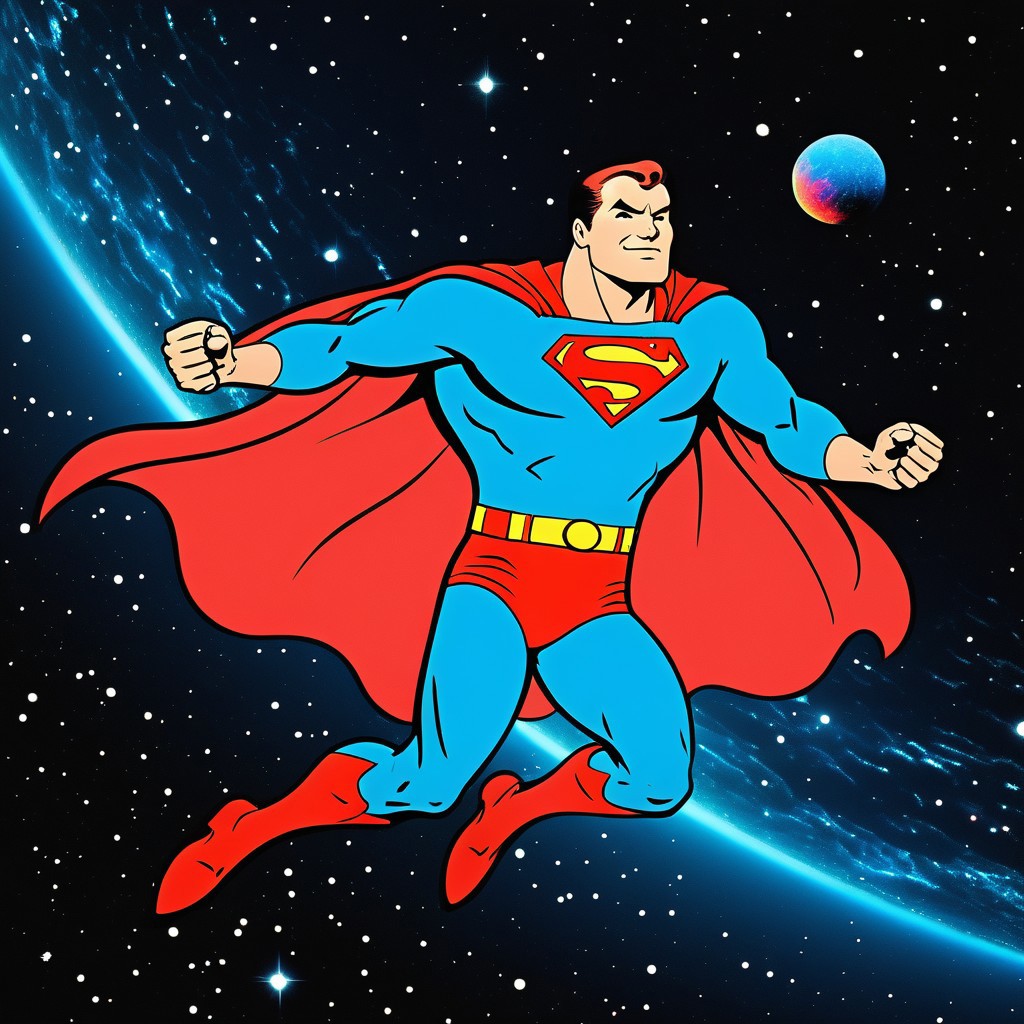 A heroic, broad-shouldered superhero in a vibrant, form-fitting costume with a flowing red cape, soaring through the vastness of outer space. His strong jawline, determined expression, and classic comic book proportions reflect the bold, dynamic animation style of 1970s superhero cartoons. The background features a deep cosmic expanse, dotted with glowing stars, colorful nebulae, and distant planets. His pose is iconic—one arm stretched forward in a powerful flight stance, cape billowing behind him, embodying a classic Saturday morning adventure tone. The scene is framed with bright, saturated colors and simple, clean linework reminiscent of vintage Hanna-Barbera and Super Friends animation aesthetics.