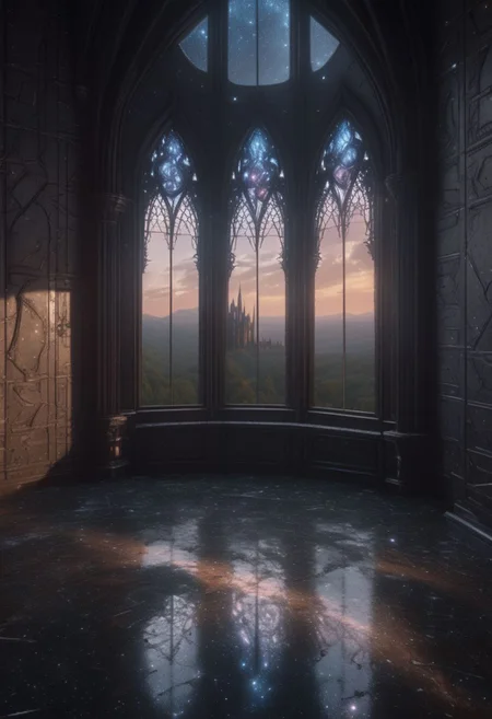 an abandoned Gothic castle with views of extraterrestrial galaxies from the windows. 4k, high-detail hyperrealism, HD quality, high-detail masterpiece. 4k, high-detail hyperrealism, HD quality, high-detail masterpiece