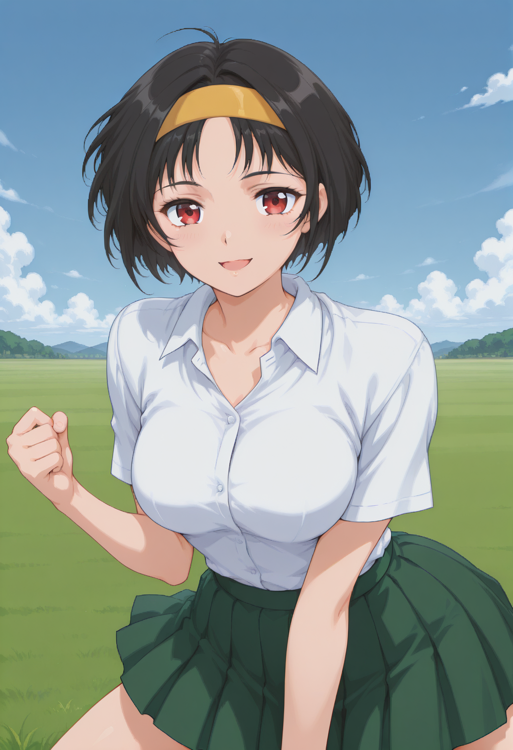 hayami_ryoko, red eyes, short hair, black hair, hairband, school uniform, white shirt, collared shirt, green skirt, <lora:fr_hayami_ryoko_illustrious_ver2:0.8> 
smile, open mouth, cowboy shot,, masterpiece, best quality, sensitive,, 1girl, solo, blue sky, (grasslands:1.2), looking at viewer,, (dynamic pose:1.4),