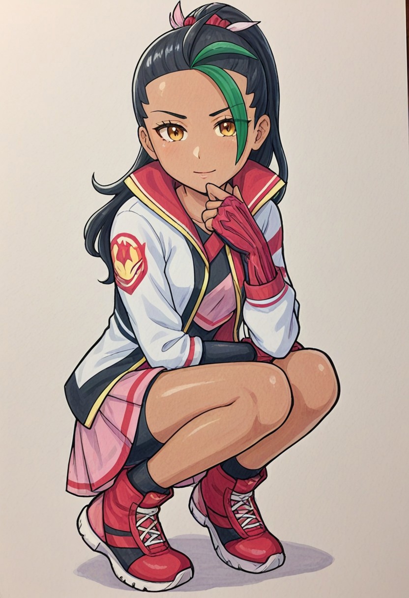 hinosaki, leveen, 2d, masterpiece, best quality, amazing quality, 1girl, solo, full body, squatting, legs together, simple background, traditional media, sketch, detailed lines, manga style , pencil sketch style, soft shading, soft delicate features, sygnemona, synem, dark-skinned female, brown eyes, hair ornament, long hair, streaked hair, multicolored hair, black hair, green hair, open jacket, shorts under skirt, pink skirt, pleated skirt, long sleevees, single glove, red gloves, red footwear, boots, looking at viewer, from front