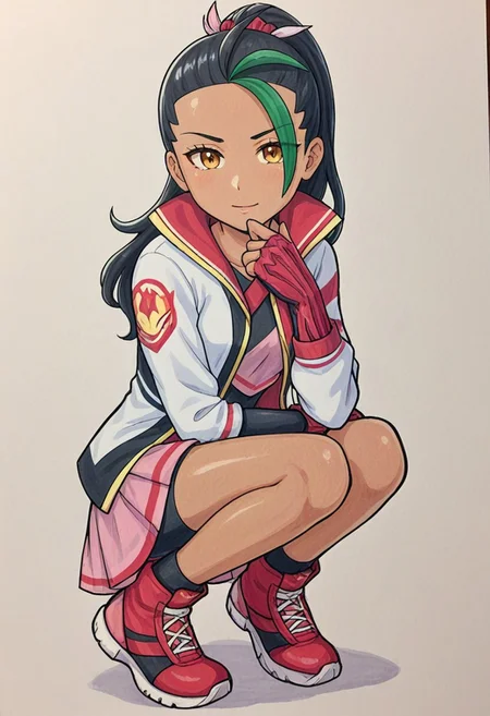 hinosaki, leveen, 2d, masterpiece, best quality, amazing quality, 1girl, solo, full body, squatting, legs together, simple background, traditional media, sketch, detailed lines, manga style , pencil sketch style, soft shading, soft delicate features, sygnemona, synem, dark-skinned female, brown eyes, hair ornament, long hair, streaked hair, multicolored hair, black hair, green hair, open jacket, shorts under skirt, pink skirt, pleated skirt, long sleevees, single glove, red gloves, red footwear, boots, looking at viewer, from front