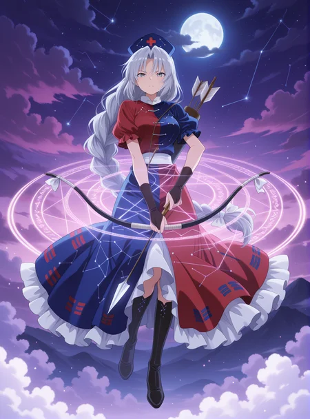 absurdres, highres, masterpiece, best quality, amazing quality, official anime artwork, screencap, anime screencap, outdoors, looking at viewer, serious, flying, cloud,
<lora:Eirin-Yagokoro_Illustrious:1> yagokoro eirin, 1girl, solo, grey eyes, grey hair, very long hair, braided ponytail, medium breasts,, nurse cap, constellation print, multicolored dress, red dress, blue dress, puffy short sleeves, frilled dress,
holding bow, arrow, night, moon, light particles, starry sky, sky, magic circle, arrow \(projectile\), bow \(weapon\), cloud, cloudy sky,