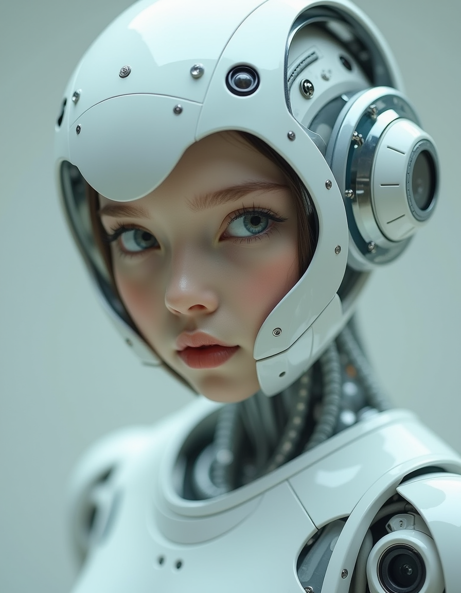 <lora:ck-Neurocore-Realistic-Cyborgs:1> in the style of ck-ncr, eye contact with an elegant petite teen girl cyborg robot, white ceramic material, full transparent glass head with mechanical parts, skeletal robotic body, innocent and childlike,  translucent white skin, half body portrait, Sci-fi movie (style by George Shaw), shallow depth of field, vignette, (Fujicolor Superia X-TRA 400), looking at the camera, vantablack <lora:- Flux1 - vanta_black_V2.0:.6> <lora:neeeg_f1:-.5>