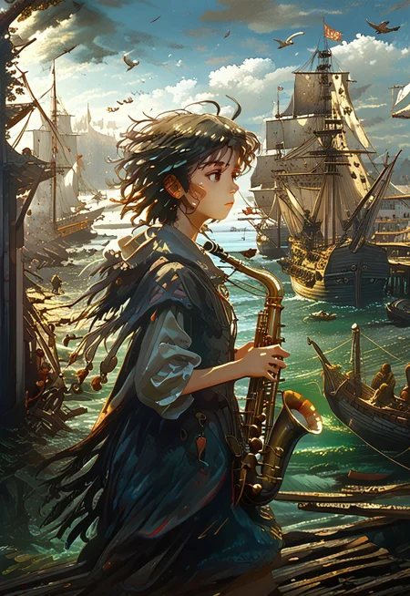 safe_pos, <lora:paulbril_pony_v1:0.9> by bril paul in, marina \(genre\),baroque \(style\), score_9, score_8_up, score_7_up, score_6_up, source_anime, <lora:Worldly_XL:1> Port1660mb, outdoors, ocean, sailing ship, pier, ship, watercraft, Bird, 1girl, sitting, wooden dock, wooden wharf, instrument, solo, solo focused, Kikuchi Makoto sitting on the edge of dock playing saxophone, playing instrument, <lora:Sheeps_Saxophone:0.8> SH_S4X, <lora:KikuchiMakoto_pony_v1:0.9> (kkcmkt, cowboy shot, 3/4 shot:2), short hair, black hair, antenna hair, hair between eyes, black eyes, flat chest, small breasts, historical male suit, cloak, boots, feathered hat, <lora:loraeyesxl:0.4>