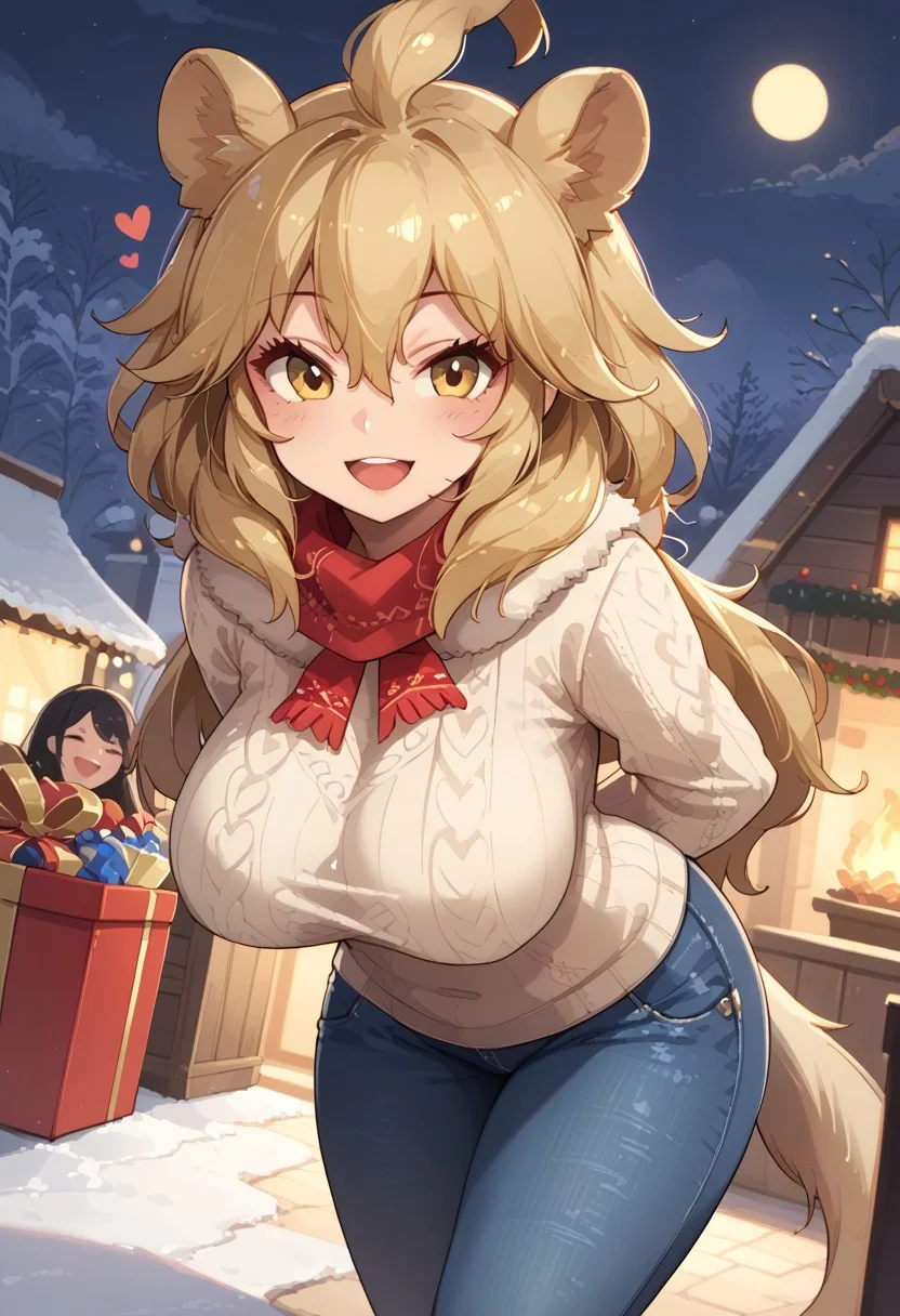 1girl, ((solo)), best quality, ultra-detailed, extremely detailed, perfect anatomy, masterpiece, score_9, score_8_up, score_7_up, Expressiveh, lion (kemono friends), blonde hair, animal ears, tail, yellow eyes, long hair, hair between eyes, fur scarf, scarf, Christmas scarf, big breasts, curvy, tall, voluptuous, wide hips, comfy sweater, Christmas sweater, jeans, pants, fully clothed, looking at viewer, smiling, eager, excited, happy, hearts, outdoors, night time, night, Christmas festival background, carnival, carnival games, Christmas decorations, winter, walking, posing, shuuko, dutch angle, leaning forward, hands behind back,