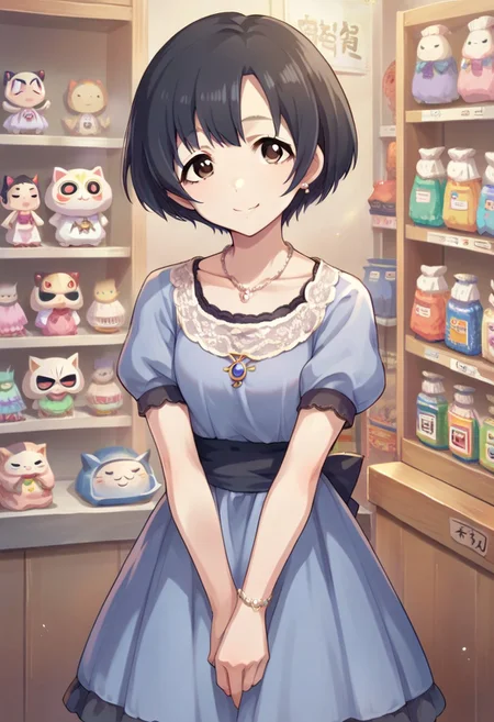 score_9, score_8_up, score_7_up, source_anime, shiragiku hotaru, short hair, black hair, brown eyes, daruma doll, 1girl, maneki-neko, solo, dress, jewelry, necklace, mask, short sleeves, smile, looking at viewer