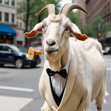 photorealistic, gentleman goats01 in a tuxedo face enhanced, on a Manhattan street, in the style of <lora:goats01-xl:1>