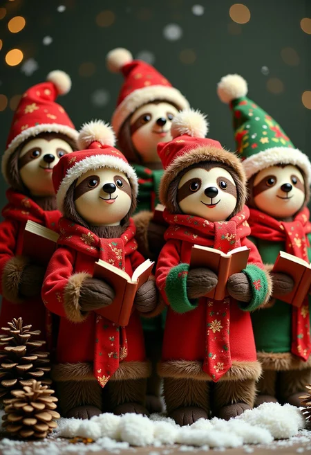 ck-sl0thmas,, a high quality digital image of a small group of sloth carol singers wrapped up in warm christmas themed clothing, they are holding hymn books and singing merrily
