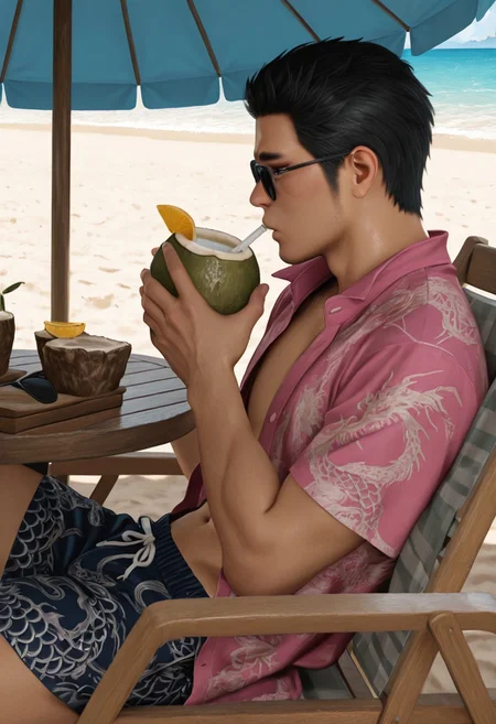 masterpiece, best quality, amazing quality, absurdres, newest, detailed background, definition so sharp, Ultra-HD, 8K cinematic, very awa, impressionate, amazing quality, highres, realistic,
solo, male focus, manly, day, sunbeam, beach chair, under umbrella, sunglasses, from side, table, drinking coconut, relaxing,
kiryuchan, kiryuchan_black hair, kiryuchan_black eyes, 1boy, solo, male focus, short hair, facial hair, sideburns, pink collared shirt, open shirt, dragon pattern on shirt, hawaii shorts, beach, wooden sandals