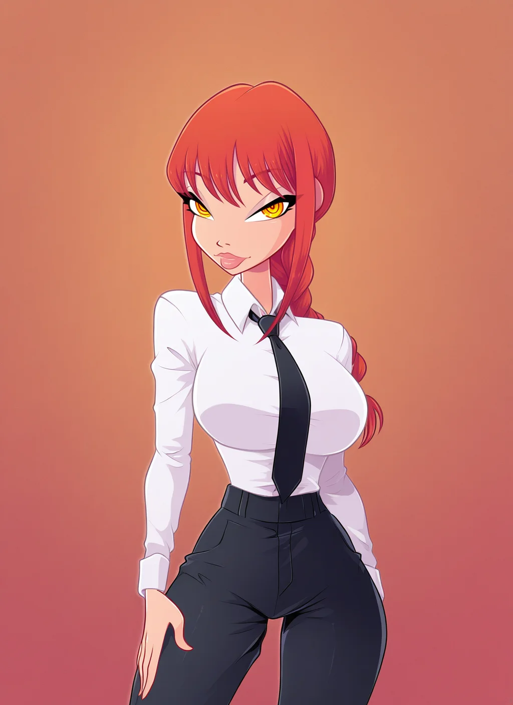 masterpiece, best quality, newest, absurdres, highres, sfw, zfve, 1girl, makima \(chainsaw man\), chainsaw man, ringed eyes, yellow eyes, red hair, long hair, medium hair, braided ponytail, sidelocks, white shirt, collared shirt, black necktie, long sleeves, formal, Ginger Spice background, detailed, <lora:ZFive_Style_Illustious:1.0>