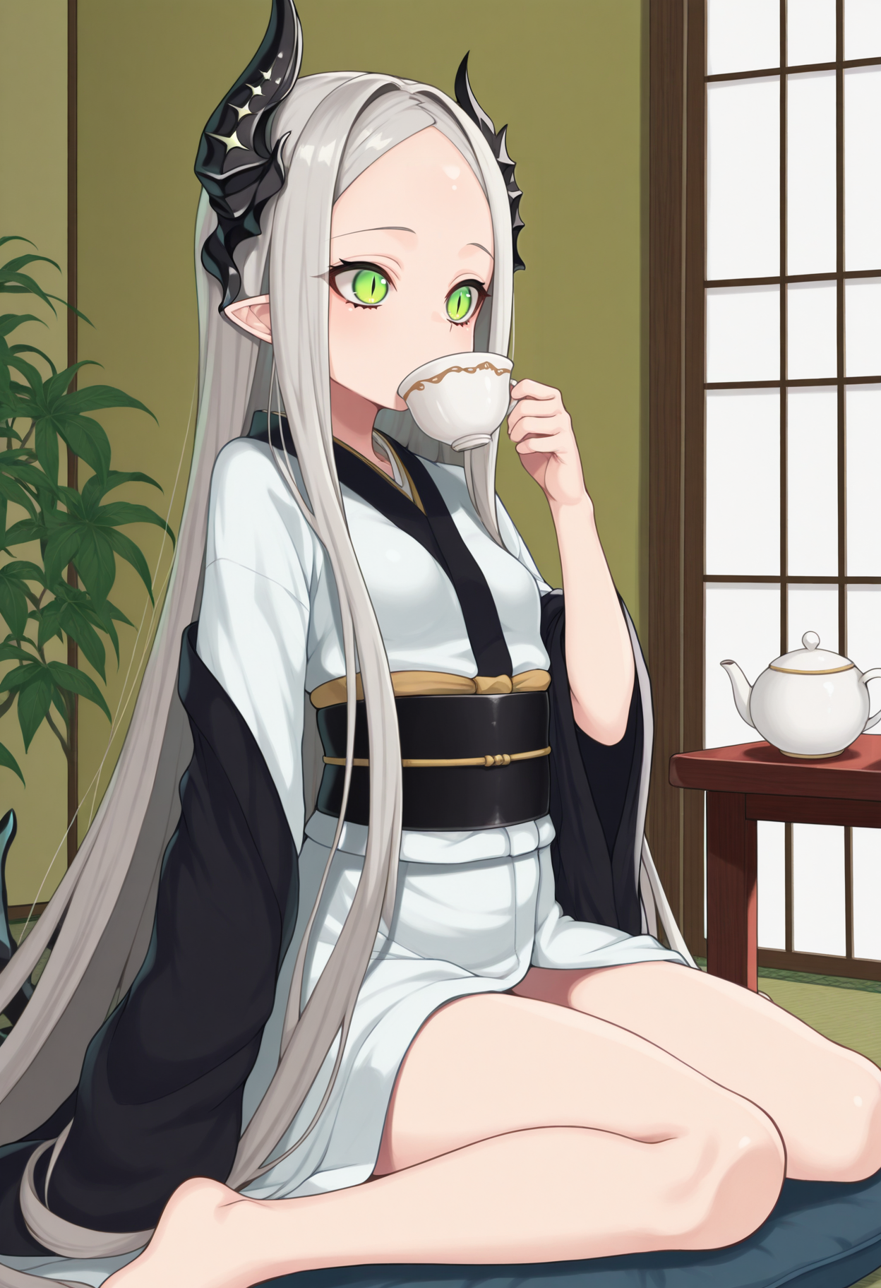masterpiece, best quality, 1girl, solo, <lora:leviathan-nikke-richy-v1_ixl:0.9>, levia, green eyes, slit pupils, grey hair, very long hair, parted bangs, pointy ears, asymmetrical horns, forehead, small breasts, indoors, wariza, sitting, kimono, drinking, teacup, teapot, ho-kago tea time,