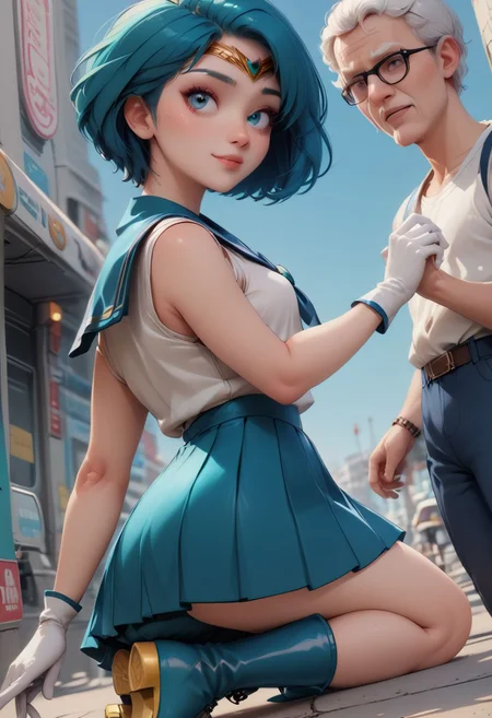 1girl, 1man, score_9, score_8_up, score_7_up,
30 year old man, (Spiderman), ((man wearing Spiderman suit)), man standing over kneeling girl,
20 year old woman, (((petite))), a sexy woman looks up at man, in a video arcade, wearing a cute outfit, sailor senshi uniform, ((pointy blue boots)), (dark blue sailor collar), (big blue bowtie), ((dark blue pleated skirt)),(sleeveless white shirt), (long white gloves), (gold circlet), video games in background, arcade background, ((aqua blue hair)), ((short bob hair)), (dark blue eyes)heavy eyeliner, creamy white skin, EGirlMakeup, neon colors, small breasts, perky nipples, perfect face, thin waist, bubble butt,
score_9,score_8_up,score_7_up,very aesthetic , rating_questionable, (masterpiece:1.4), (best quality), (colorful), (detailed) dramatic angle, unique perspective, unique angle, ((comic book angle and perspective)), ((wide shot))