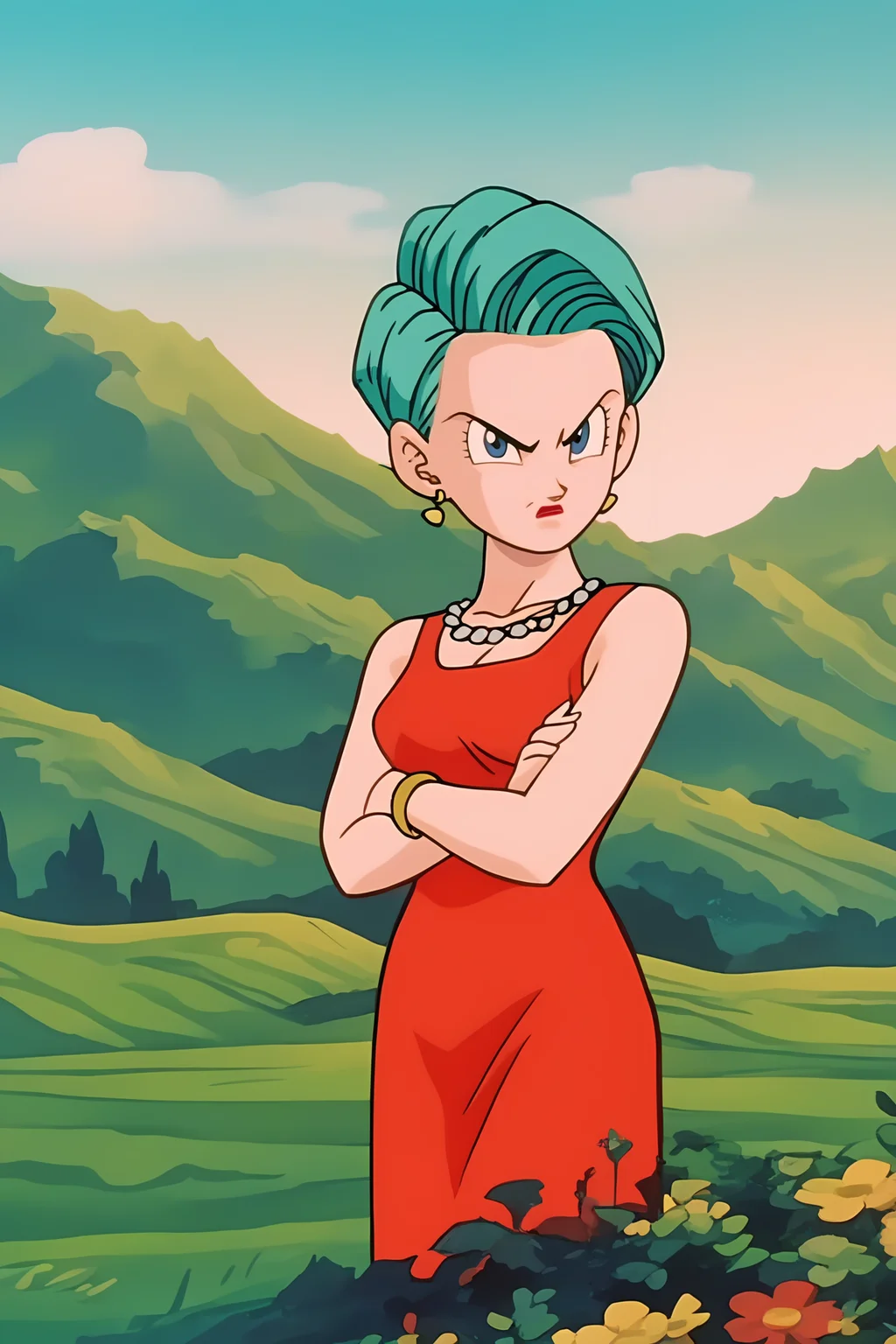 source_anime, score_9, score_8_up, score_7_up, anime screencap, high quality, 8k, absurdres, official style,
bulma, end of z, short hair, aqua hair, wavy hair, blue eyes
long red dress, sleeveless dress, bare shoulders, bangle, necklace, bracelet, cowboy shot,
field, crossed arms, standing, v-shaped eyebrows, looking at viewer, blue sky,
<lora:bulmaDBZ_pony_v2:0.8>