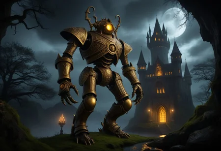 giant bipedal robot brass and dark yellow paint, bronze paisley robot. lacy robot metal. crawdad helmet head. outside of a steampunk keep. large detailed torso. dark image. one forty foot tall ancient robot with great arms and two heavy spring legs. dark foggy night background. $dark foggy night image only. dark photo realistic image. steampunk details. cogs, chains and pipes incorporated in the fantasy buildings. magic wizards tower in background. Dark swamp, moss, castle ruins, wizards tower. stormy dark night. stormy sky. spooky trees
