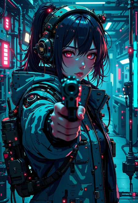 <lora:ck-nc-pastel-cyberpunk:1>, A digital artwork in the style of cknc, a girl is aiming a gun at the viewer, hi tech cyberpunk laboratory in background