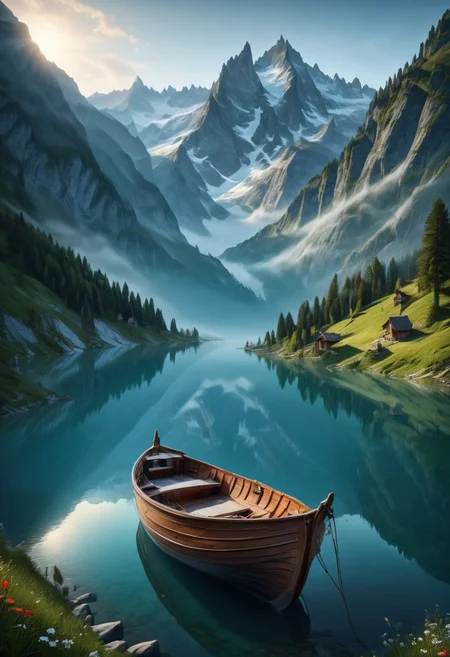 8k, breathtaking, view of a Boat on the waterside of a small lake,  Swiss alp, mountain lake, milky haze, morning lake mist, masterpiece, award-winning, professional, highly detailed in, undefined, snow, mist,  in the distance, glowing eyes, style-nebmagic