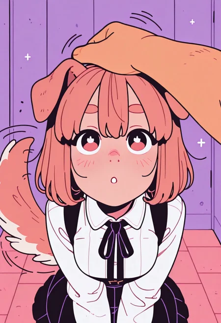 flat_colors, Flatline, Flat vector illustration,
dynamic pose,

1girl,
dog girl, dog ears, dog tail,
POV headpats, hand on head,
skirt, wagging tail, looking up at viewer,

incoth, (incase:0.6), artist:moriimee,