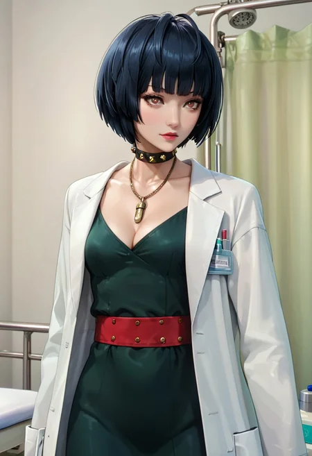 score_9, score_8_up, score_7_up, source_anime, 4n1v3rs3, (masterpiece, Highest quality:1.4), (beautiful, perfection, delicate, Complex:1.2), (cute, Fascinating), (Depth of written border:1.2), Realistic Face:1.2,
1 girl, 30 years old, mature female,
p5tae, tae takemi, short hair, bob cut, bangs, labcoat, necklace, choker, studded collar, short dress, dark green dress, cleavage, red belt, gladiator sandals, platform footwear,
Hospital, examination room, examination table, standing, view from front. cowboy shot,
