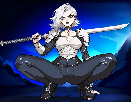 (score_9,score_8_up,score_7_up:1), 1girl, full body, off voyeur angle, dusk lighting, angry, (goth, black lipstick, silver jewelry, silver piercings, black mascara, black eyeshadow), <lora:Torpeto_boobs:1> strtor, mg9meinv, large breasts, T0P3, (soft body), neon glow color hair,choker, eyeshadow, (alabaster soft skin), (Squatting), space river, (Black full plate armor,greatsword), <lora:Shen_Hokori_Style:1>