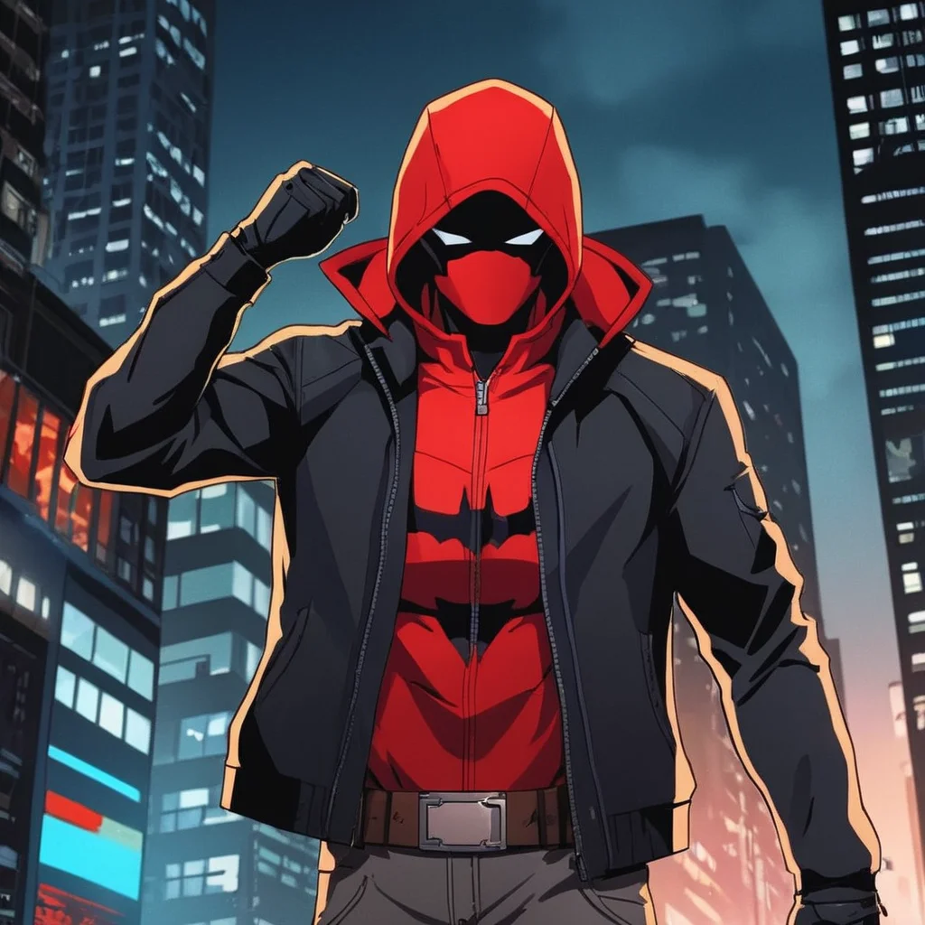 anime artwork of <lora:Red Hood:1.2>
Red Hood a man in a red hoodie and a black jacket in Gotham city universe, anime style, key visual, vibrant, studio anime, highly detailed