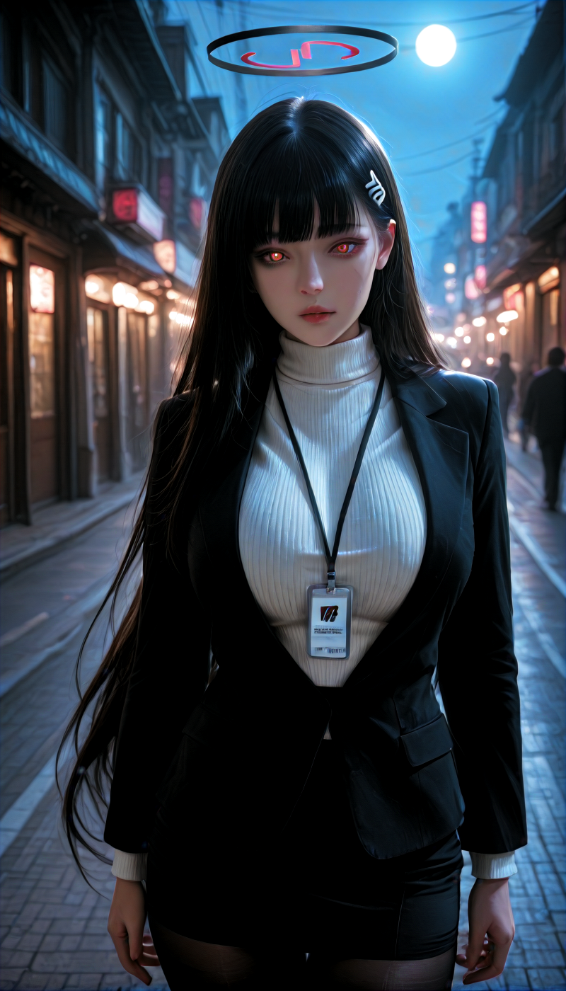 <lora:LCMTurboMix_Euler_A_fix:1> <lora:example_SDXL:0.3>, EZRealPONYXL, <lora:Dramatic Lighting Slider:3> <lora:realistic filter [IL]:1>
DSLR,realistic,cosplay photo, (very awa,masterpiece,best quality,year 2024,newest,absurdres,highres:1), realistic,skin texture,facial features, photography shot with Canon EOS 5D Mark IV , realistic, RAW, best quality, masterpiece, amazing quality, skin details,
1girl, highly detailed beautiful face, large natural breasts,
detailed background, shiny skin, dutch angle, night, moonlight,
beautiful detailed eyes, intricate details, absurdres, anime screencap,
<lora:Tsukatsuki_Rio_BlueArchive_ILXL_kill0825:1>
TsukaRio, large breasts, black hair, hair ornament, red eyes, very long hair, hairclip, halo, bright pupils, white pupils, blunt bangs,
long sleeves, thighs, black skirt, miniskirt, black jacket, sweater, black pantyhose, formal, blazer, suit, pencil skirt, turtleneck sweater, white sweater, office lady, id card, black suit, shirt,