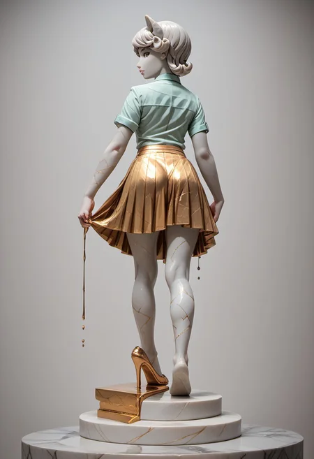 score_9, score_8_up, score_7_up, score_6_up, score_5_up, score_4_up, 1girl, solo, nicole, marble short hair, marble cat ears, white marble body, marble face, shiny marble, reflective marble, petite, beautiful, real, realism,
, gold cracks on sculpture, legs melting, liquid marble legs, gold liquid legs, gold glimmer, liquid marble, marble shirt, shirt, marble skirt, pleated skirt, sculpture clothes,
, lonely, isolation, emptiness, looking back, full body shot, back view, dynamic pose, Sculpture, easynegative, swf, gold and white only,
