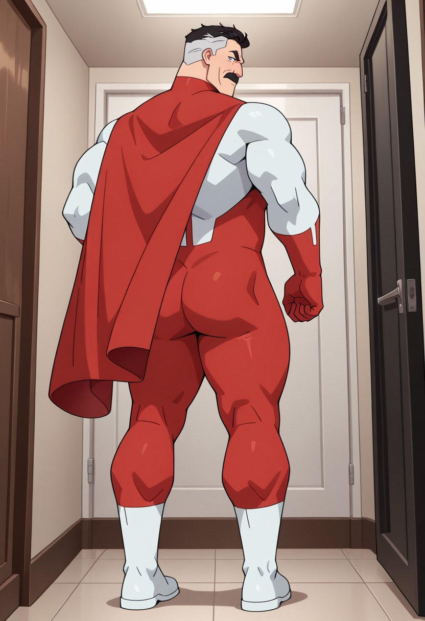 0MN1MAN, 1boy, bara, big pecs, broad shoulders, thick thighs, muscular, detailed background, perfect anatomy, masterpiece, perfect quality, best quality, detailed, newest, very aesthetic, bulge, daddy seductive smirk, blue eyes, two tone hair, undercut, mustache, black hair, mature male, superhero suit, red and white bodysuit, red gloves, white boots, cape, red leggings, daddy seductive smirk, from behind, ass focus,
