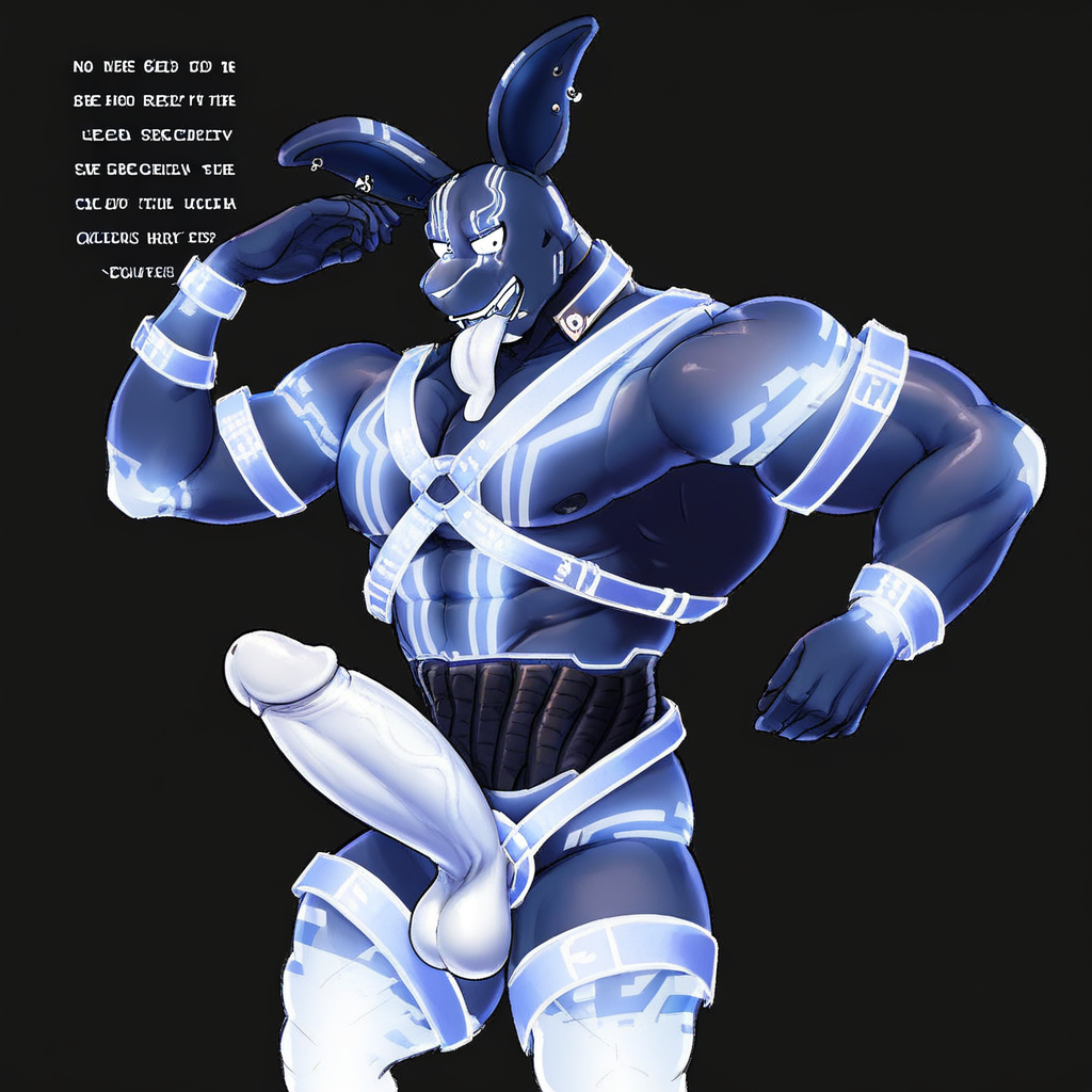 topless male, huge penis, collared shirt, blue shirt, robot rabbit, looking back, english text, police uniform, 1boy, colored skin, shirt, tongue, body fur, glowing, hand on own hip, adjusting headwear, testicles, piercing, thighs, completely nude, black background, human legs, nude, harness, feet out of frame, solo