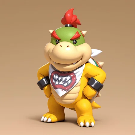 1boy, 2d, solo, Bowserjr, male, ponytail, red hair, no sclera, dot eyes, red eyebrows, black pupils, shelled, green spiked shell, small tail, neckerchief, black bracelets, scalie, yellow skin, green head, claws, toe claws, 3 toes, small horns, 

BREAK standing, looking at viewer, hands on hips, smile, confident expression