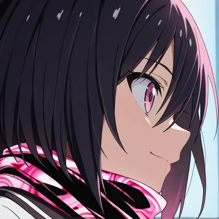 <lora:IL_Yamoto_Koki:1>,nin_sly_k,1girl,solo,Yamoto Koki /(ikusa/),pink eyes,short hair,black hair,
serafuku,scarf,
from below,close-up of face,profile,happy,, masterpiece,best quality,amazing quality,very aesthetic,absurdres,