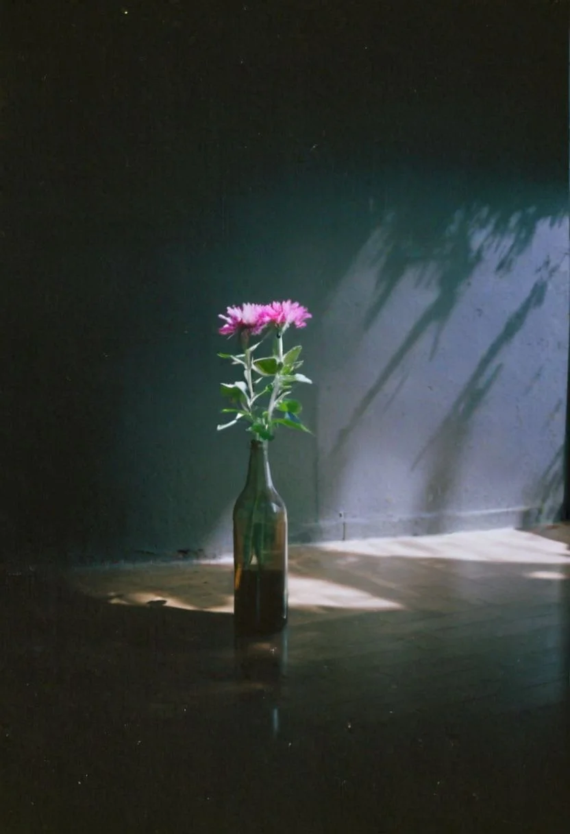 FP100C, instagram photo,a bottle with a flower, hard shadows, film grain