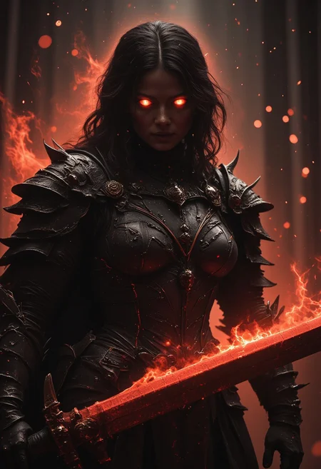 (((extreme beautiful charming Face Closeup))) n30nfilm, m100-style, a female buxom muscular knightess with spiked metallic shoulder armor pauldron, No Face, juicy, deep blacks, charming mysterious, billowing translucent dark cape, flexing, Action Pose, wielding a bloody colossal large sword