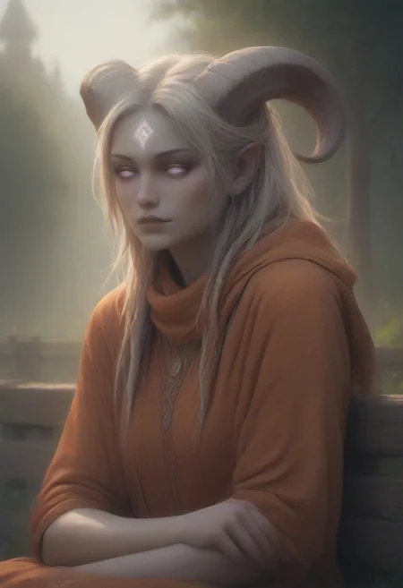 (absurdres, best quality, masterpiece:1.4), score_9, score_8_up, score_7_up, score_6_up, detailed, detailed body, detailed face, world of warcraft, fantasy, <lora:add-detail-xl:1.5>, 
culDraenei, purple eyes, no sclera, no pupils, 
(orange robe, orange silk scarf), sitting on fence, 
upper body,
outdoors, forest