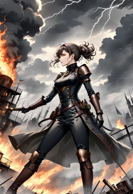 breathtaking steampunk person, dutch angle, outside with a rising sun under a sky with dark ominous clouds, (lightning, levin), commanding dangerous and alluring expression, high neck line top, epic battle with fires and smoke in the background, style of Cynthia Sheppard, style of Yoji Shinkawa, . award-winning, professional, highly detailed,