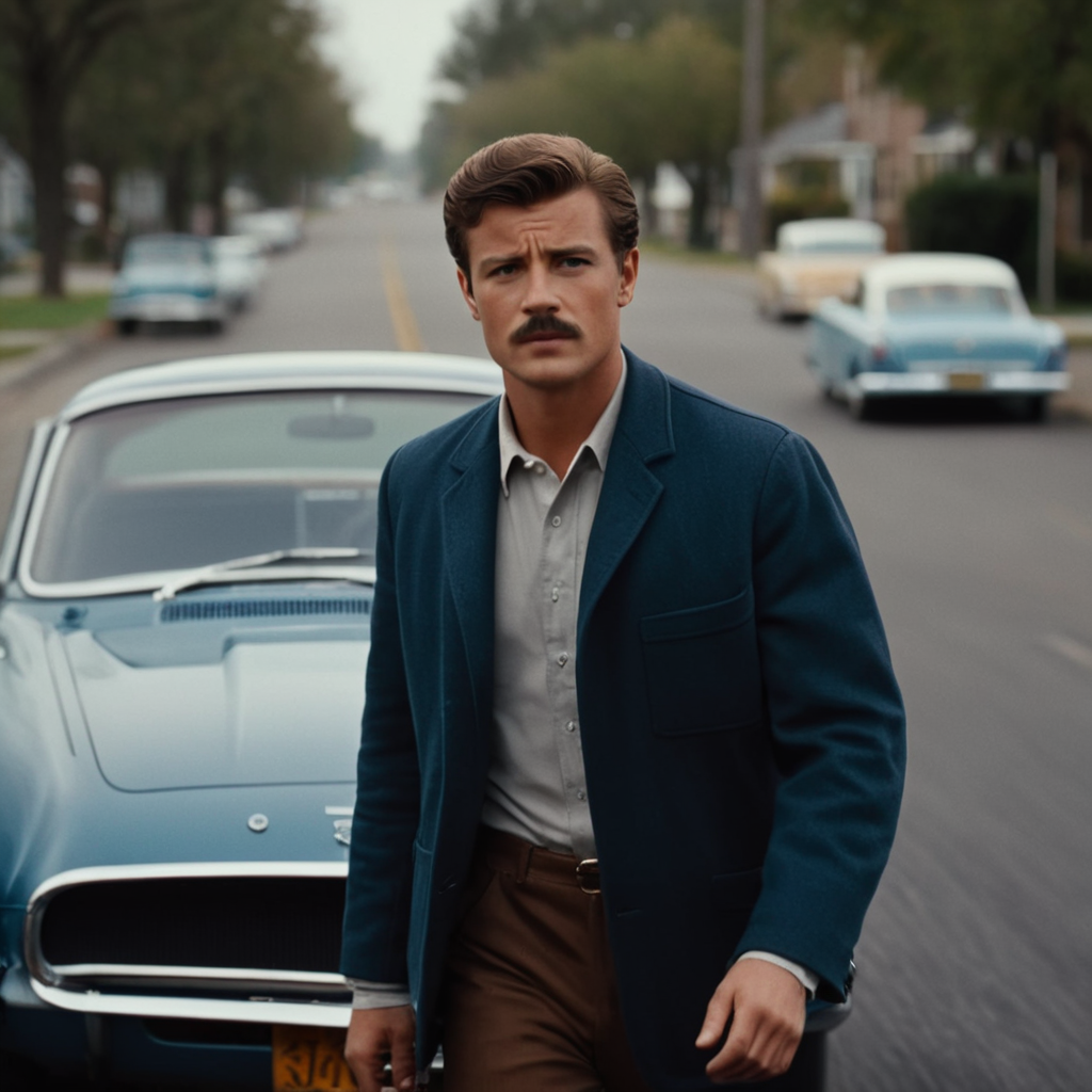 cinematic film still of  <lora:1960's style:1>
In the 1960's a man walking across a street next to a car,solo,brown hair,1boy,jacket,male focus,facial hair,ground vehicle,motor vehicle,realistic,mustache,car,vehicle focus,sports car ,realistic,realism, detailed, perfection,perfect,filmic,retro,vintage,classic,different haircut,different look,different style,1960's style , 1960 style, shallow depth of field, vignette, highly detailed, high budget, bokeh, cinemascope, moody, epic, gorgeous, film grain, grainy