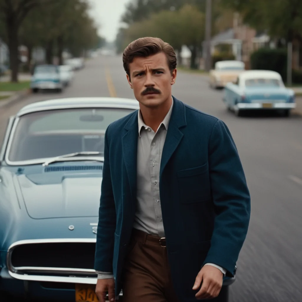 cinematic film still of <lora:1960's style:1>
In the 1960's a man walking across a street next to a car,solo,brown hair,1boy,jacket,male focus,facial hair,ground vehicle,motor vehicle,realistic,mustache,car,vehicle focus,sports car ,realistic,realism, detailed, perfection,perfect,filmic,retro,vintage,classic,different haircut,different look,different style,1960's style , 1960 style, shallow depth of field, vignette, highly detailed, high budget, bokeh, cinemascope, moody, epic, gorgeous, film grain, grainy