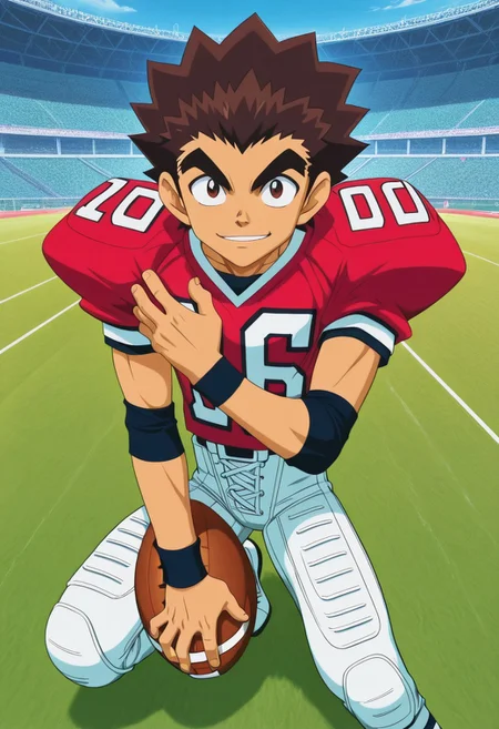 Yaoi figure PVC, PVC boy, PVC texture, official art, male, High Quality, perfect anatomy, HD, anime style, break
TAROU RAIMON, 1boy, alone, brown hair,  thick eyebrows, dark brown eyes, athletic build, smiling, posing, looking at viewer, football uniform, tight uniform, red and white uniform, football field