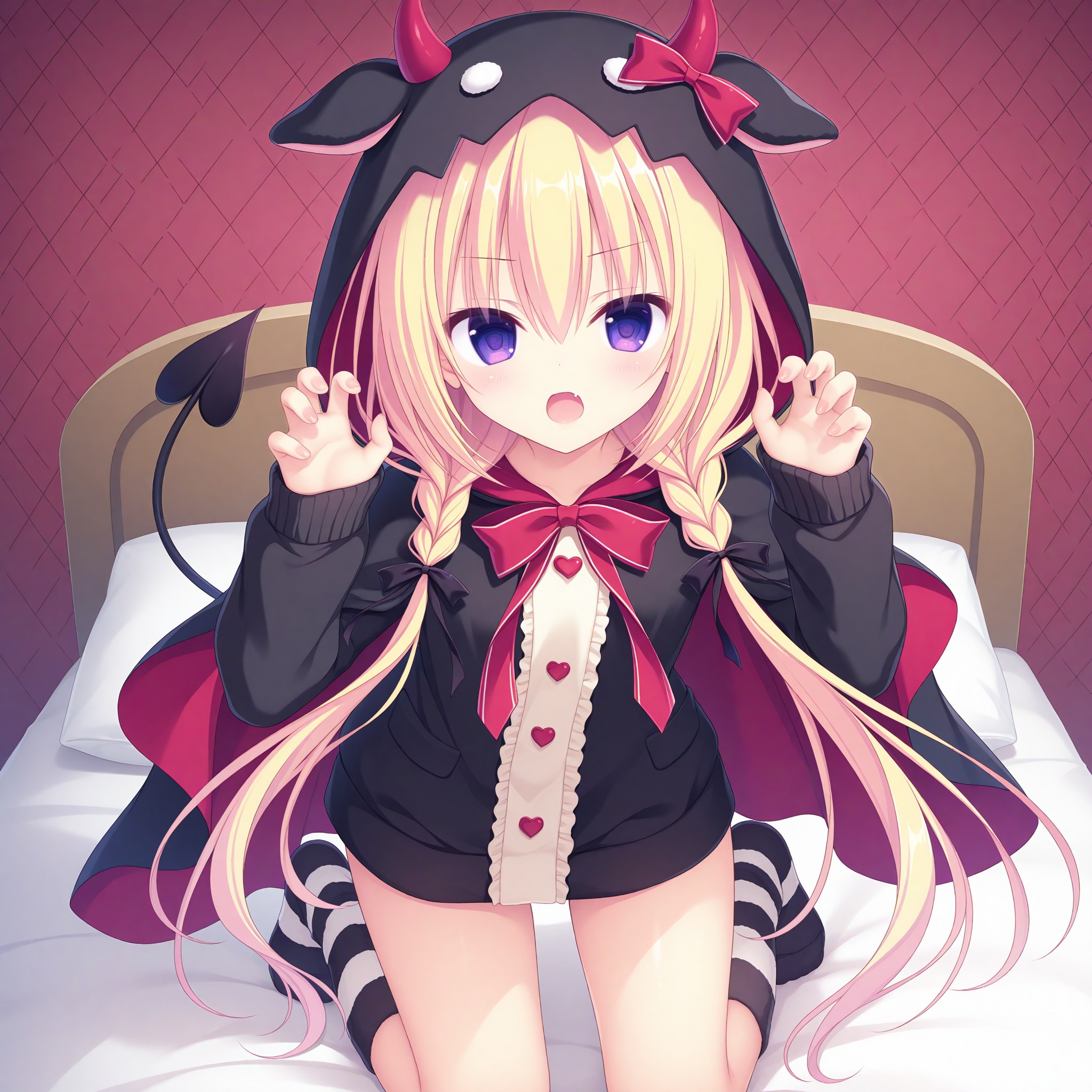 <lora:Mado_Hasune_art_1_nai_Loha:1.5>,Mado Hasune art,
<lora:Yasaka_Menoa_1_nai:0.6>,Yasaka Menoa,purple eyes,blonde hair,
twin braids,hair ribbon,red ribbon,black hoodie,horns,animal hood,demon tail,striped socks,long sleeves,kneehighs,hood up,black pajamas,black cloak,red lining,red bowtie,red bow,black frills,white shirt,
1girl,solo,on bed,looking at viewer,kneeling,open mouth,claw pose,w_arms,front view,
